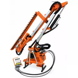 Vue latérale du taille-haie à tête rotative LIDERFARM 160 cm avec bras replié et protections galvanisées