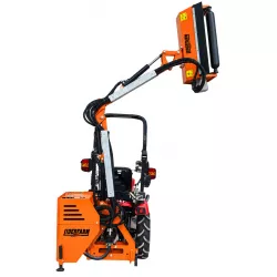 Épareuse LIDERFARM 60 cm sur micro-tracteur avec bras levé et tête de broyage verticale