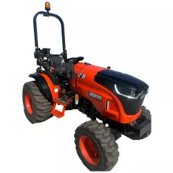 Vue d’ensemble du micro-tracteur LIDERFARM LF-26 à pneus industriels avec arceau de sécurité et gyrophare