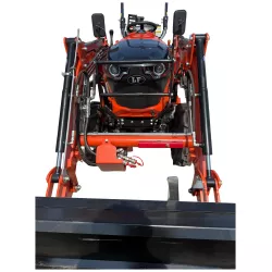 Vue avant du micro-tracteur LIDERFARM LF-26 avec les bras et le godet du chargeur frontal