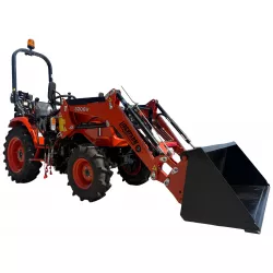Micro-tracteur LIDERFARM LF-26 avec chargeur frontal et godet, vue de trois quarts avant droit