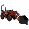 Micro-tracteur LIDERFARM LF-26 avec chargeur frontal et godet, vue de trois quarts avant droit