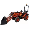 Micro-tracteur LIDERFARM LF-26 avec chargeur frontal et godet, vue de trois quarts avant gauche