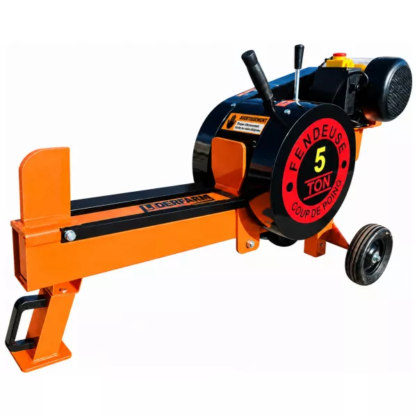 Fendeuse de bûches cinétique électrique LIDERFARM 5T, vue générale de trois quarts.